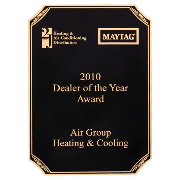 6" x 8 1/2" Laser Engravable Brass Plated Steel Plate with Notched Corners, Sunburst Design Borders and Four Holes Thumbnail