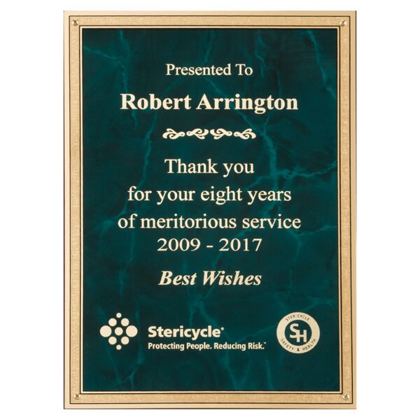 7" x 10" Emerald Marble Brass Plated Steel Plate with 4 Holes and Florentine Border Thumbnail