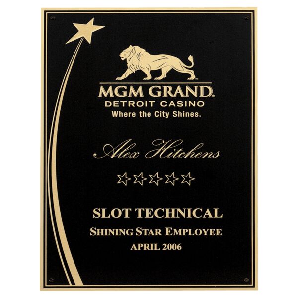 6 1/4" x 8 3/4" Laser Engravable Brass Plated Steel Shooting Star Plate with Florentine Accents and Four Holes Thumbnail