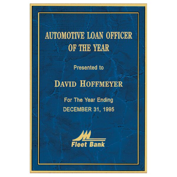 5 1/2" x 7 1/4" Laser Engravable Brass Plated Steel Sapphire Marble Plate with Border Thumbnail