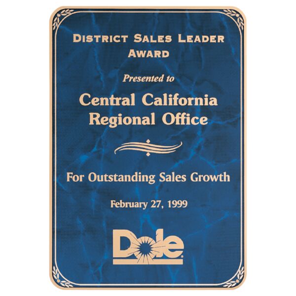 6" x 8 1/2" Airflyte Sapphire Marble Laser Engravable Brass Plated Steel Plate with Rounded Corners, Florentine Border and Four Holes Thumbnail